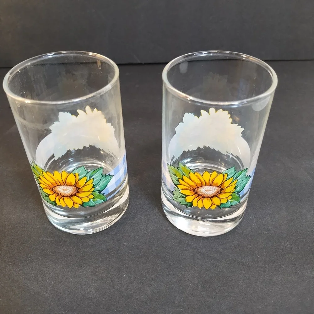 VTG Corelle Sunsations CRISA 5 pc Juice Glass Set Sunflowers Gingham 7 oz Blue